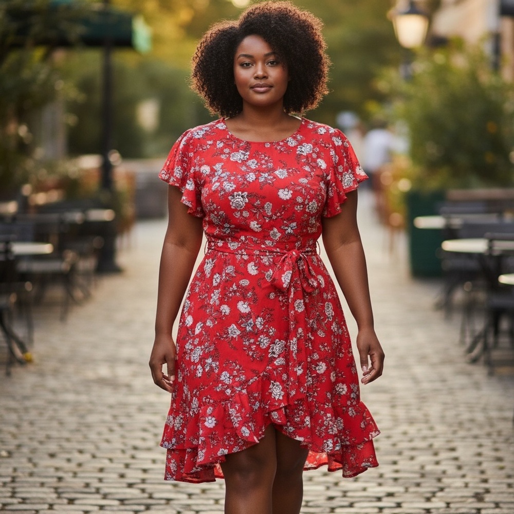 Floral Red Ruffle Dress‎